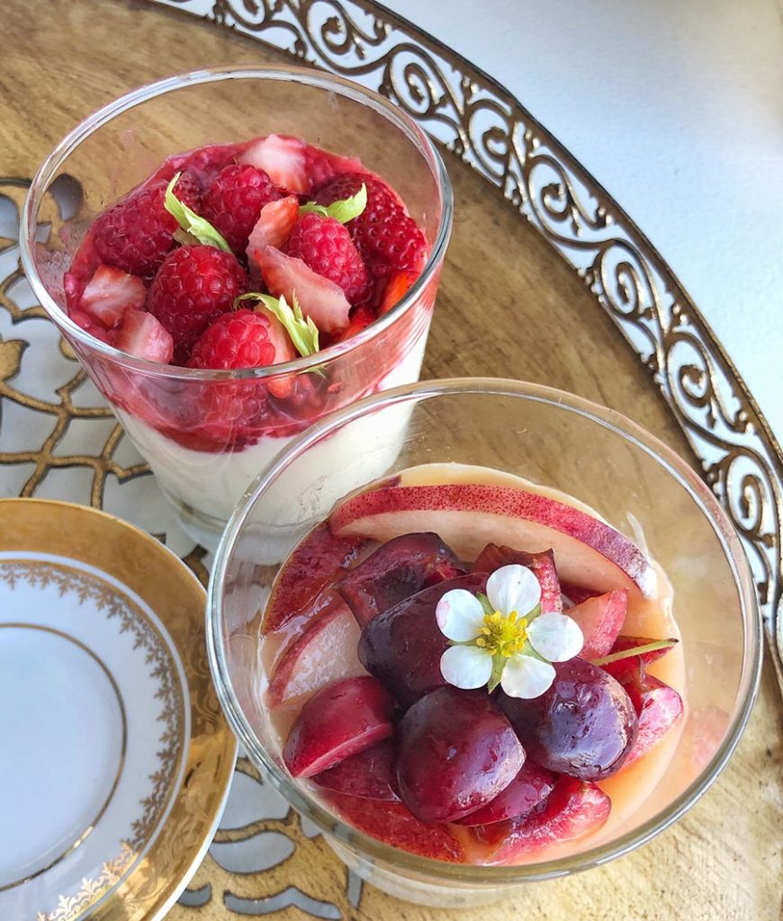 Cherry and Peach Panna Cotta (front), Raspberry and Strawberry Panna Cotta (back)