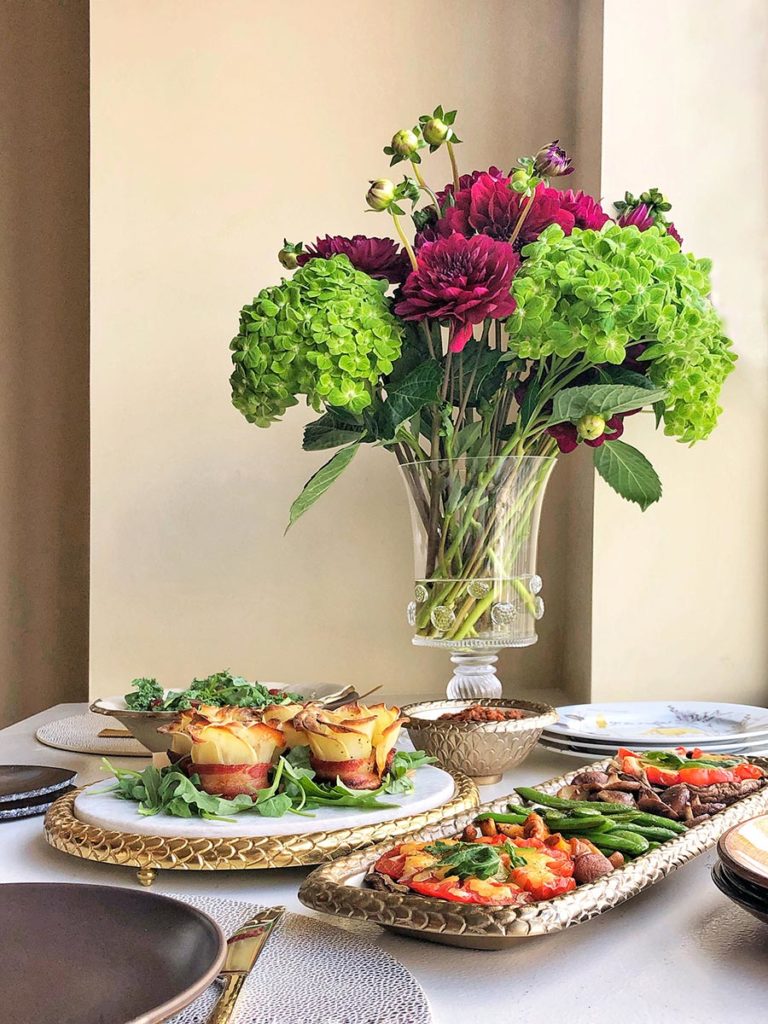 Bacon & Potato roses, sautéed vegetables, Spring Salad